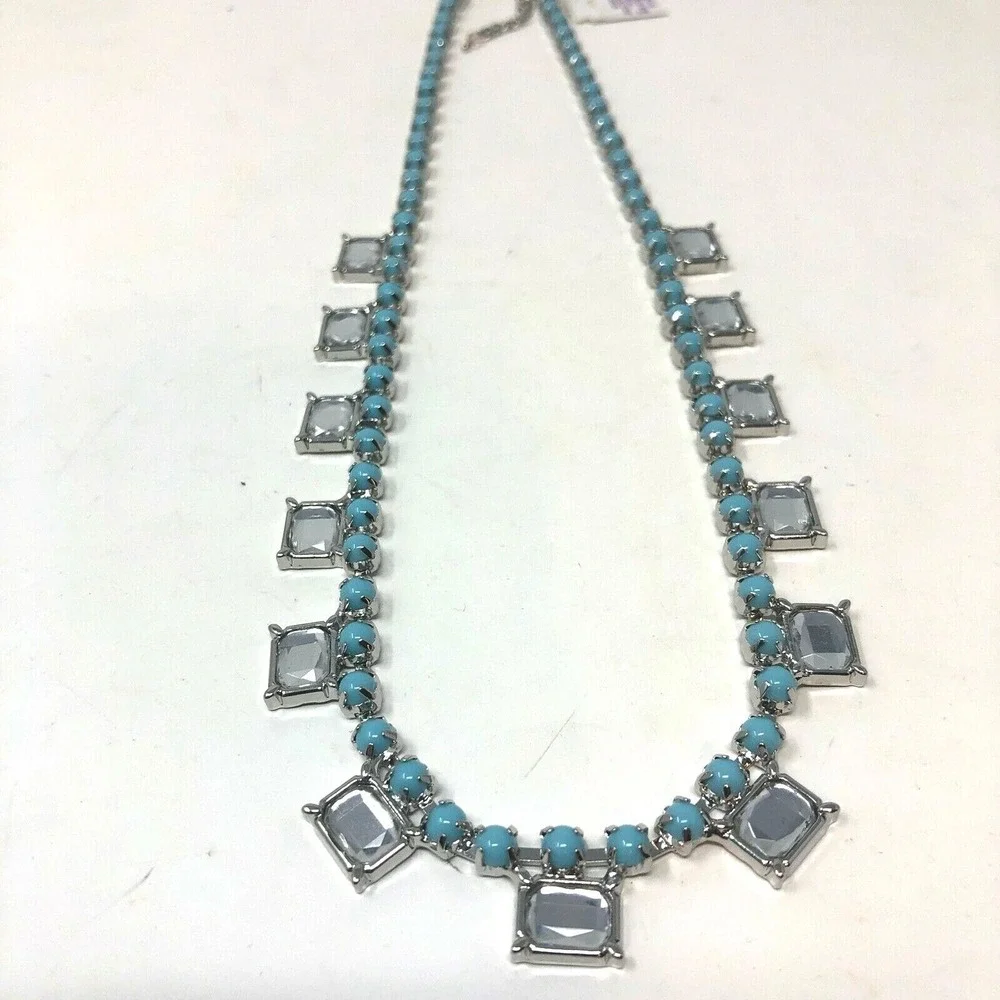 Lia Sophia Necklace‎ Pendant Silver Tone Teal Blue Beads Clear Crystals Damsel